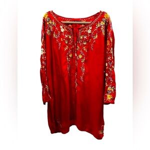 Johnny Was Red Autumn Bloom Tie-neck Embroidered Tunic size XL